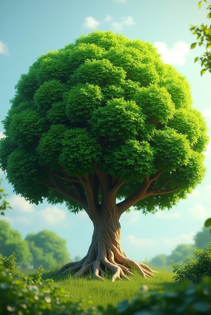 A round green tree with brown branches