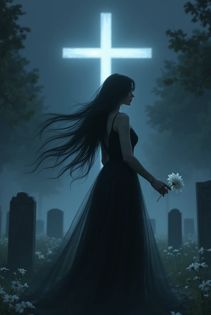 Make a woman in a cemetery where there is a large cross that is at night that has black hair and a black or white dress and a white flower and there is a small wind so she looks good
