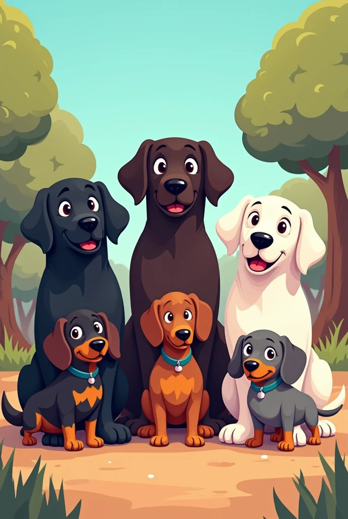 I want you to make a cartoon with:
1 black labrador,1 dark chocolate lab and 1 white lab Then I want you to add a black tan sausage and another one in a lighter grey color I want them to look like a Pixart movie
