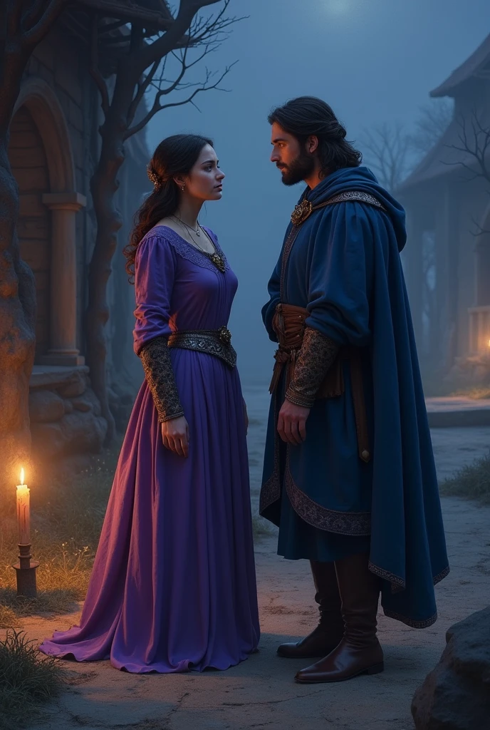 Epiphany Night by William Shekspear, a woman and a man brothers in medieval clothing, The man dressed in blue and the girl in a purple dress

