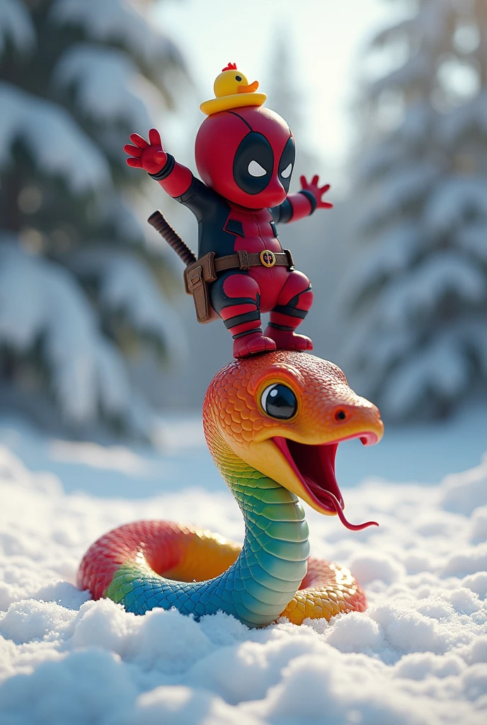 Put Baby Deadpool in the Snow, dancing on the of a gay snake. Place the snake with its mouth open and a rubber duck hat