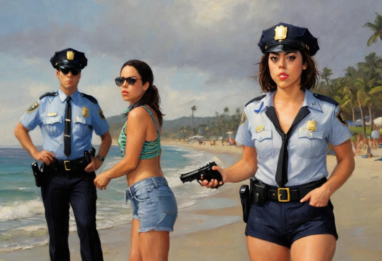 sexy cop (Aubrey plaza, age 20, police bikini, erotic handcuff, dildo in holster, police hat) she is patrolling a beach of sexy lesbians, near sunset
