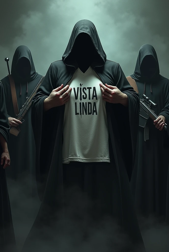 Death opening and showing a shirt that says Vista linda with his henchmen with rifles on their backs doing everything 3 with their left hand