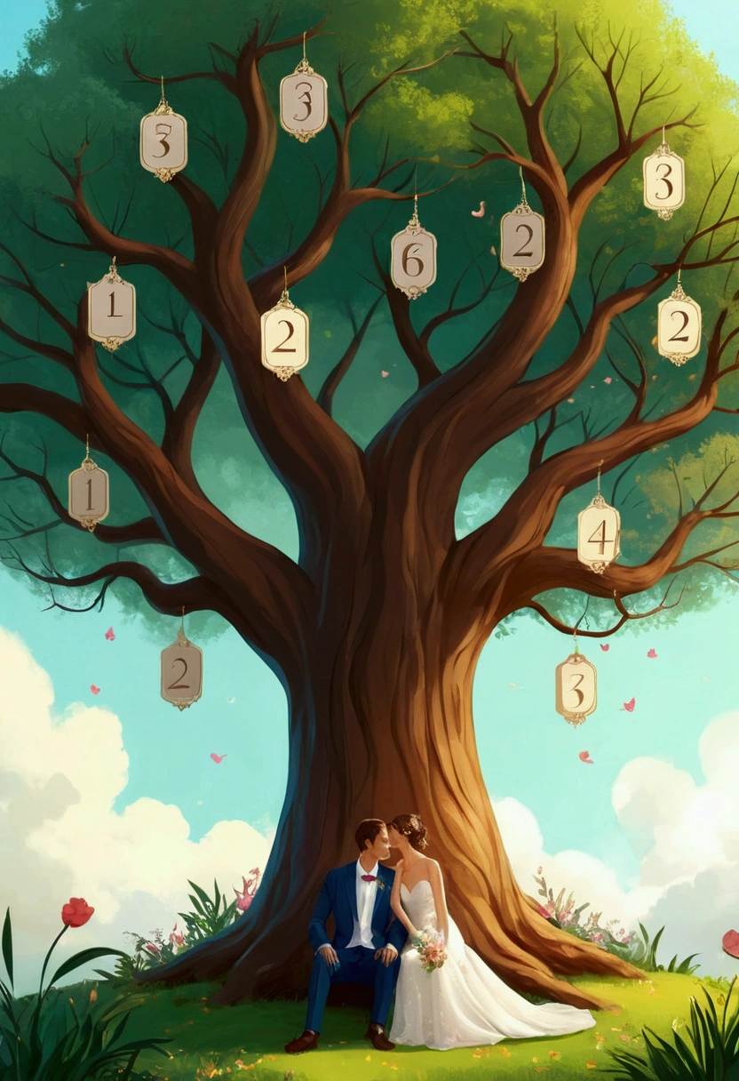 create a wedding guest tree, with several numbers on the tree branches and a couple sitting on the branches