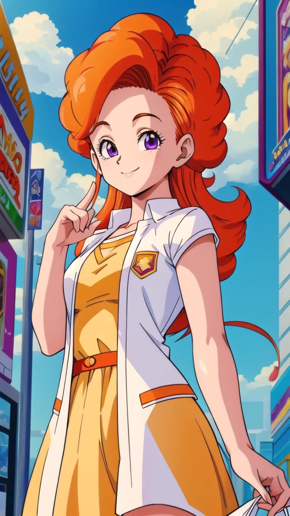 angela,1girl, solo, cowboy shot,outside movie theater, orange hair, purple eyes, curly hair, long hair, yellow dress, white open sweater, (short sleeves:1.2),smile,blue sky,smile,closed mouth,(best quality, masterpiece),  (best quality, masterpiece) 