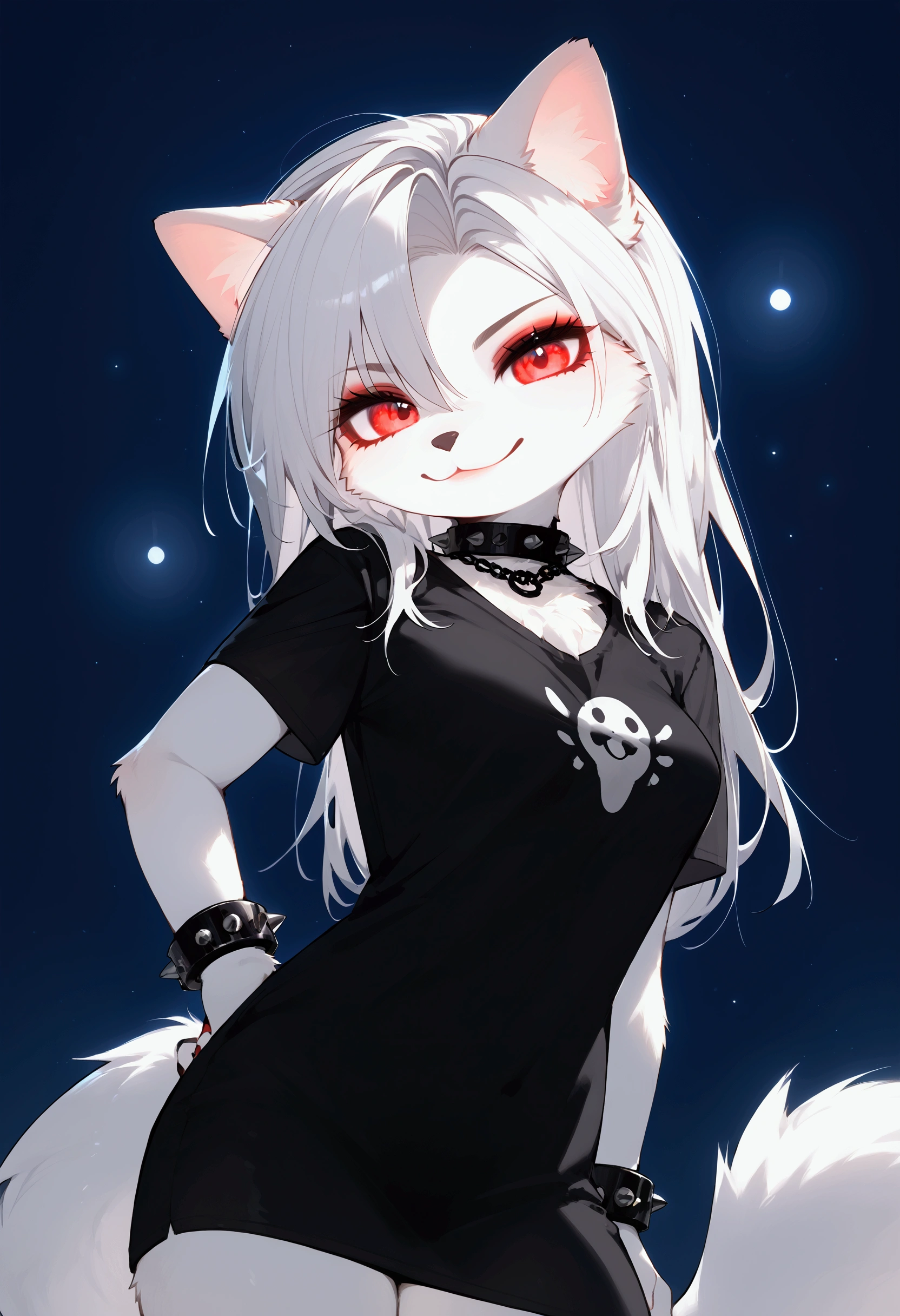 short, tiny, furry, white fur, ultra cute face, red elements on fur, breasts, glowing t-shirt, beautiful lights and shadows, ultra detailed fur, volumetric light, crop top, choker, smirk, side-angle, spiked bracelet, kneesocks, makeup