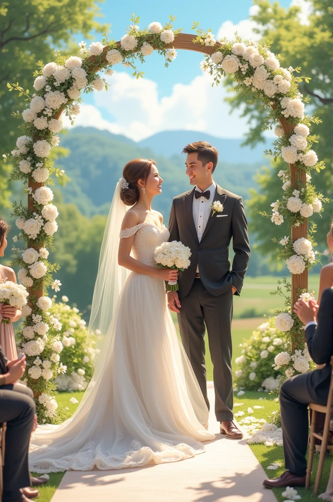 Une cérémonie de mariage en plein air, avec des décorations blanches, entourée de famille et d'amis, dans un cadre festif et joyeux."