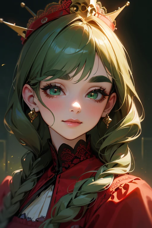 (highest quality, masterpiece:1.2), High resolution, Very detailed, Realistic:1.37, Fantasy, An illustration, Green Eyes、Queen, Red lace dress.Platinum decoration、beautifully、Eyeshadow Red、Thick eyebrows、Long eyelashes、pupils are black、Her hair is dark green、Gold crown、Kissing Face、Embarrassing、Beloved by the crowd、Hair is green、Braiding、hair ornaments、Laugh gently、Close one eye、Wink、Wink、