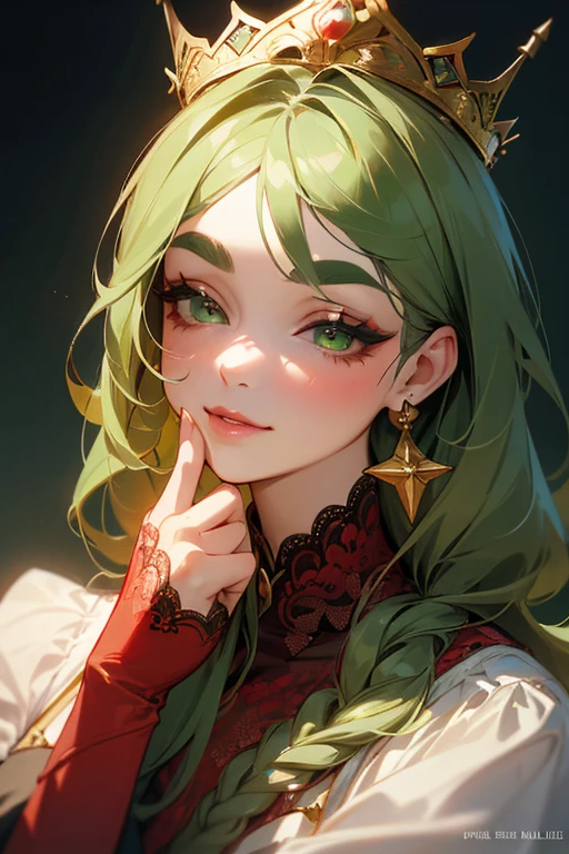 (highest quality, masterpiece:1.2), High resolution, Very detailed, Realistic:1.37, Fantasy, An illustration, Green Eyes、Queen, Red lace dress.Platinum decoration、beautifully、Eyeshadow Red、Thick eyebrows、Long eyelashes、pupils are black、Her hair is dark green、Gold crown、Kissing Face、Embarrassing、Beloved by the crowd、Hair is green、Braiding、hair ornaments、Laugh gently、Close one eye、Wink、Wink、