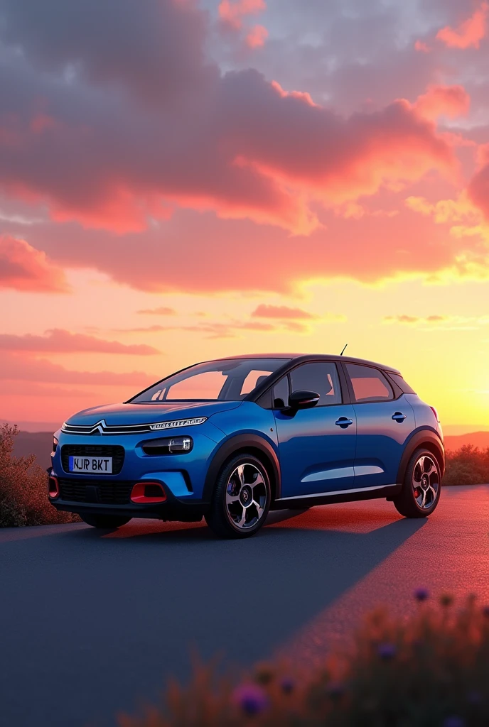 (photorealism:1.2), a beautiful blue Citroen C3 2021 at sunset