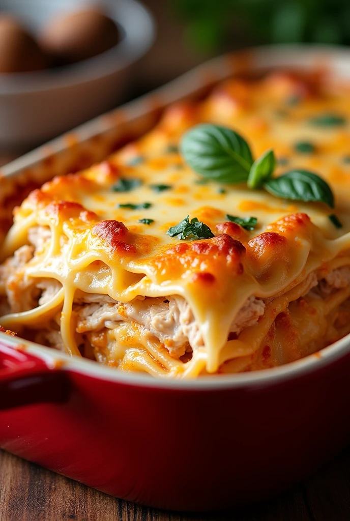 chicken lasagna with mozzarella cheese gratin in a red porcelain baking dish