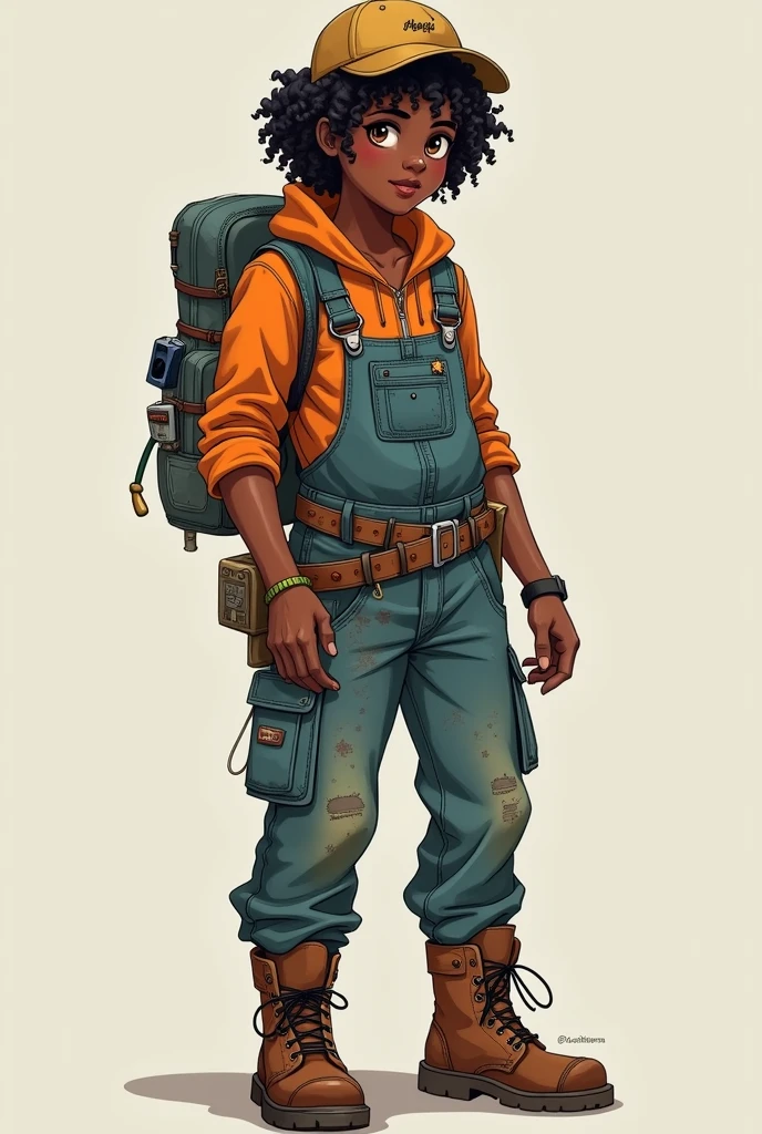 Visual Description: Sam is of medium height, with a compact build that hints at hidden strength. Her dark brown skin is often smudged with oil and grease, and her short, curly hair is usually tucked under a baseball cap or bandana. Her eyes, a striking hazel, are always alight with curiosity and creativity. Sam’s clothing is a patchwork of utility—an old mechanic’s jumpsuit with the sleeves rolled up, cargo pants, and work boots. A tool belt laden with various gadgets and tools hangs from her waist, and her hands are constantly fiddling with something—a broken piece of tech, a bit of wiring, or a makeshift solar panel.
but she is dressed slutty with clothes that shows of her body sith a slutty pose