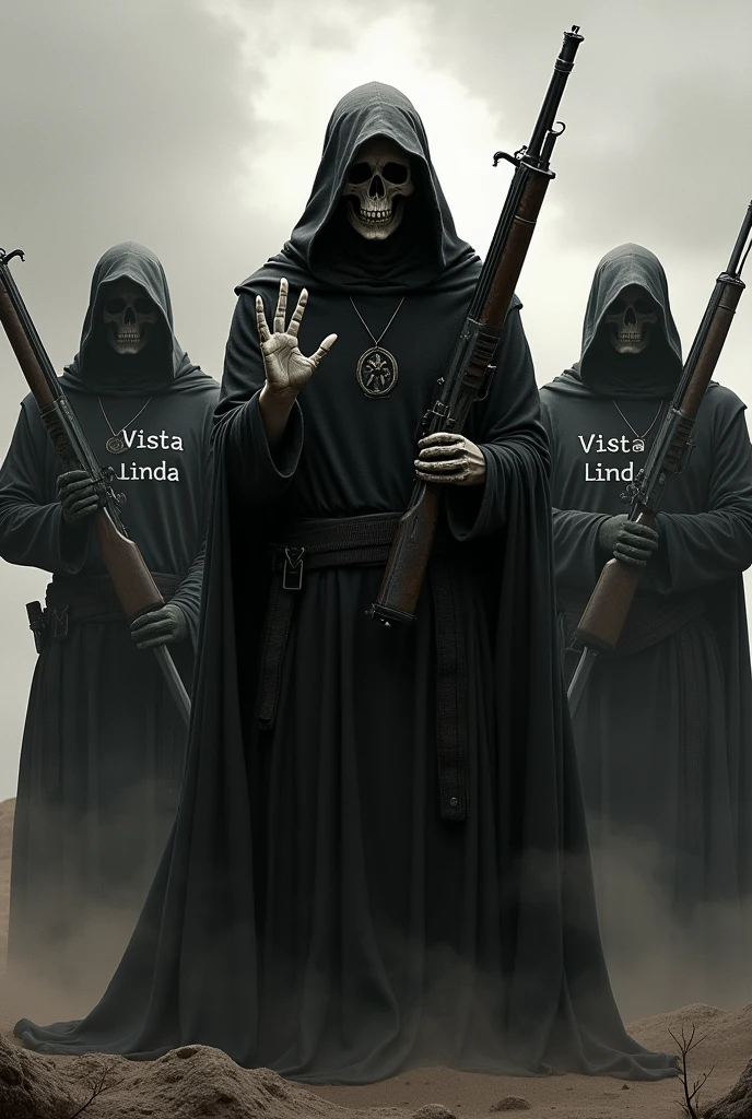 Death opening and showing a shirt that says Vista linda with his henchmen with rifles on their backs making the number 3 with their left hand