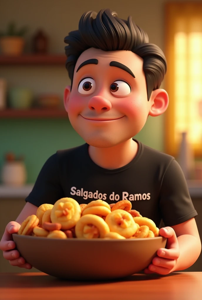 Create a 3d -Pixar style cartoon scene, Where a man, short black hair 2, He is holding a bowl full of snacks and wearing a black SalgadosdoRamos shirt.