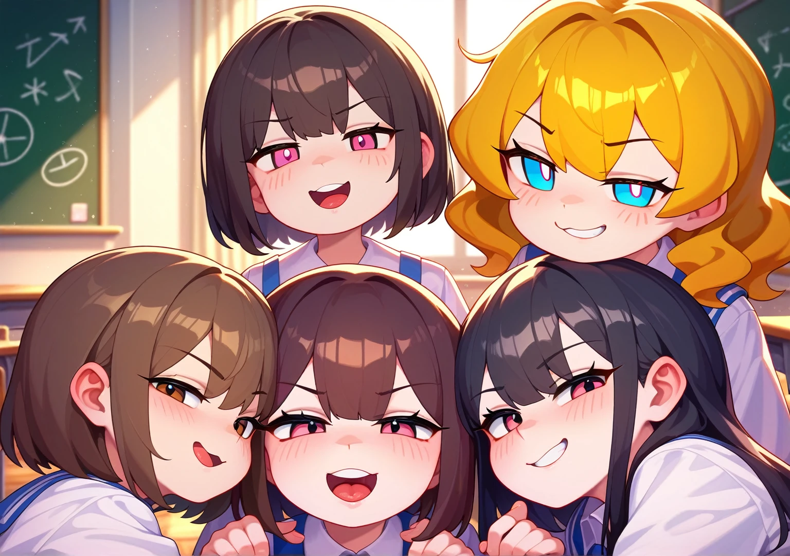 score_9,score_8_superior,score_7_superior,score_6_superior,score_5_superior,score_4_superior 、8k,Highly rated on Pixiv, Very naughty,Naughty pose、Three cute Japanese high school girls,(Mob face:1.2)、Provocative smug face,Open your mouth|Close your mouth、Small breasts、Brunette hair, medium bob, brown eyes、Long, wavy golden hair Pink eyes、Short black hair, blue eyes、bra、Colorful and cute designed panties、superior下のデザインが揃ったランジェリー、classroom、