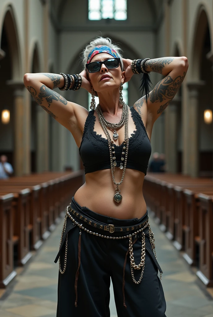 russian old milf woman,  grey hair (bouffant, top bun) and oversized square sunglasses and wide  colourful bandana as headband, with very light green eyes, extremely pale. Big lips.  Black lace push up bra, silicone breast,, black yoga pants Flip flops. Lots of thick wide studded bracelets, chain collars and big rings,. Additional crossed loose belts,. Long earrings with chains and feathers. Standing with legs apart,  hands on her hips, stretching her neck and looking up in surprise craving., Neck, chest, stomach and wrists heavily tattoed. Toned abdominals, thin neck, slim legs and thin arms. Narrow hips . In a church. Seem from above, 