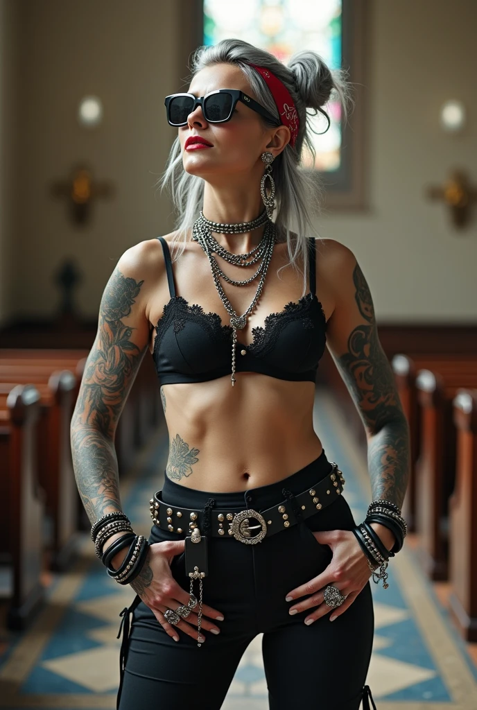 russian old milf woman,  grey hair (bouffant, top bun) and oversized square sunglasses and wide  colourful bandana as headband, with very light green eyes, extremely pale. Big lips.  Black lace push up bra, silicone breast,, black yoga pants Flip flops. Lots of thick wide studded bracelets, chain collars and big rings,. Additional crossed loose belts,. Long earrings with chains and feathers. Standing with legs apart,  hands on her hips, stretching her neck and looking up in surprise craving., Neck, chest, stomach and wrists heavily tattoed. Toned abdominals, thin neck, slim legs and thin arms. Narrow hips . In a church. Seem from above, 