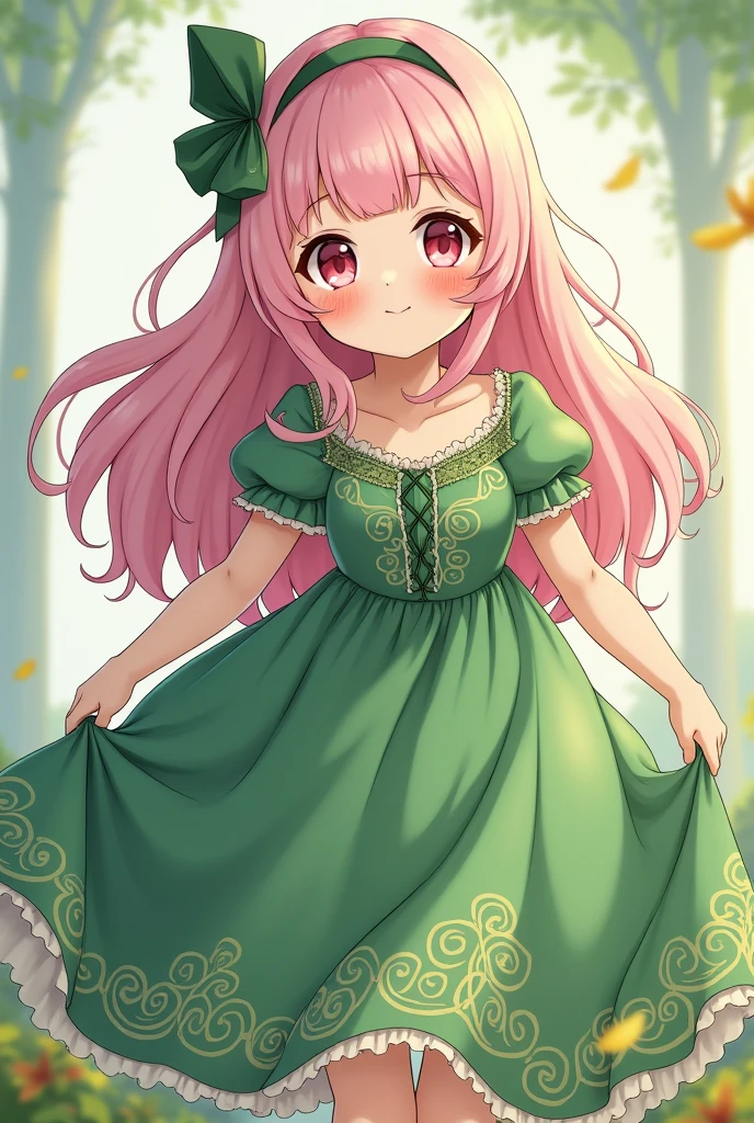 A anime girl character with a more chubbier body, featuring extra curves in her cheeks, paired with intricate, asymmetrical patterns, such as those found in nature, her outfit has many details, principaly around her neck and waist. A full-body view captures the essence of the character's beauty, with a focus on her body and her heart shaped pupils in a bright pink color. Her hair is long and curly with a very light pink color. Her skin is a pristine shade of pale white, contrasting beautifully against the medieval dress she wears, which is a vivid green and exudes a gentle flow. The dress's intricate details echo the natural world, with swirling patterns resembling leaves and flowers making up the bulk of the garment.
