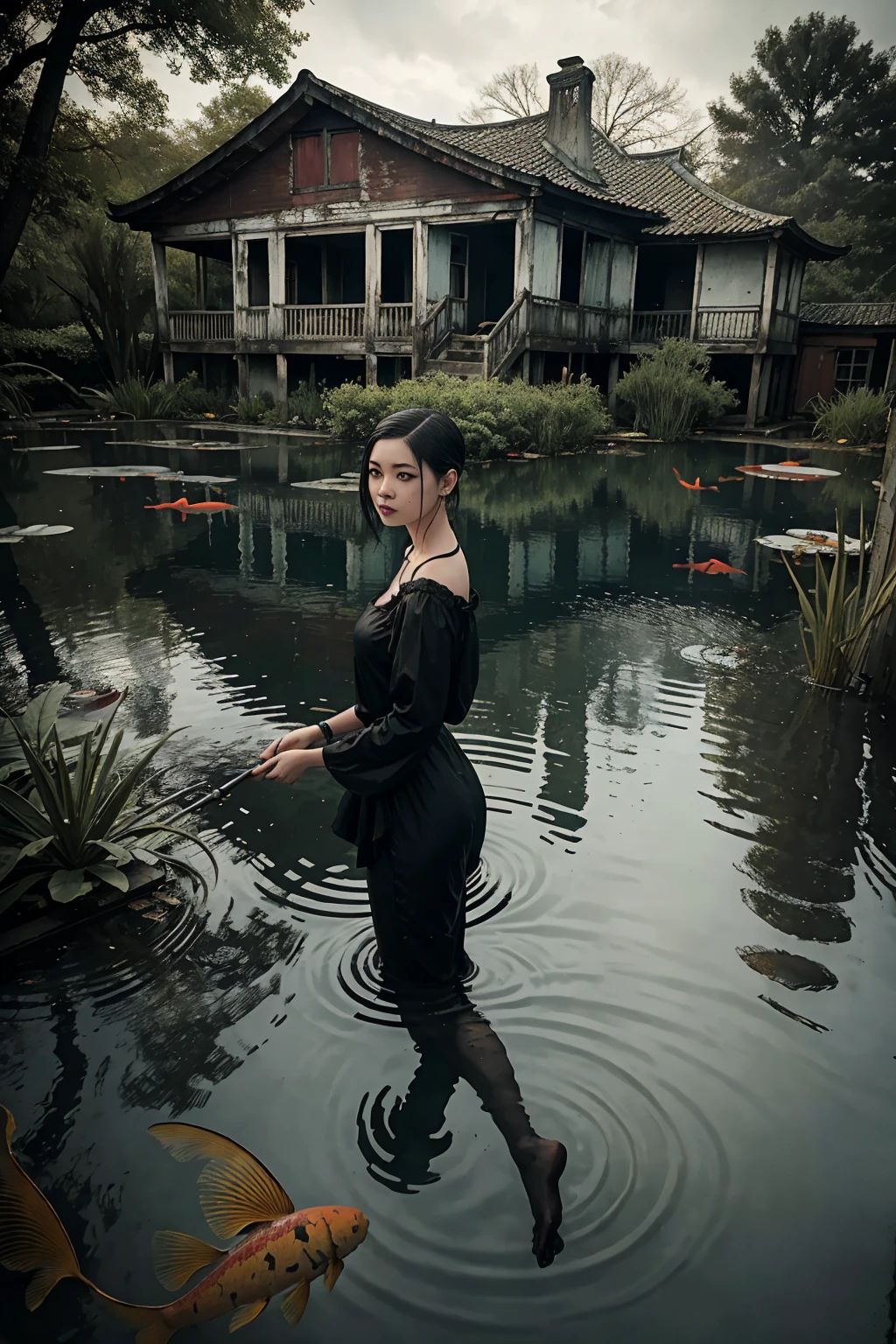 Horror. Macabre. old vintage photo. miasma. dread. Pond in the patio of an abandoned house, with koi fish swimming inside it. A barefeet woman in black clothes stands in the pond. The scene is captured through old photo, surrealism, showcasing the eerie nature amidst urban decay. over the shoulder shot. cinematic lighting.