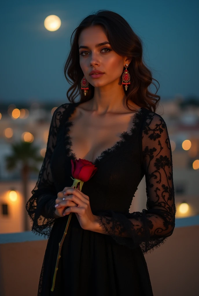 8K image, RAW, Fujifilm, Elegant portrait of a beautiful Moroccan woman, square face, red rose on neck, wearing a black lace dress, long sleeves, with red and gold earrings, strong features like a swirling dove, (Highly detailed skin: 1.2), Medium Brown hair with lights, barefoot, film grain, 35mm, cute style, woman standing on rooftop, distant houses, lit windows, moon in the sky, soft and wonderful lighting