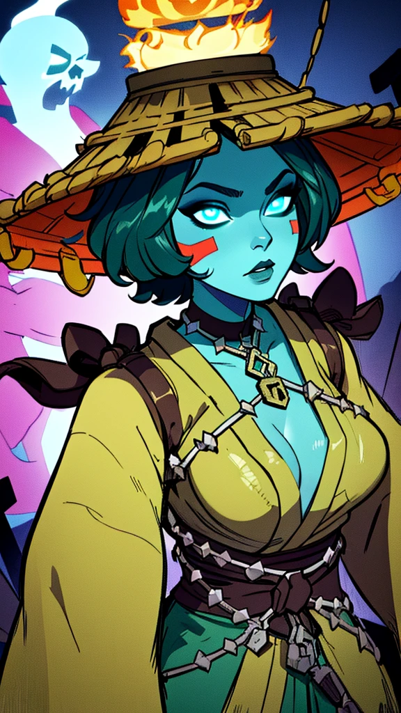 Kasumi, dark green hair, blue eyes, ghost, blue skin, glowing eyes, bandages, chains and lock, damaged hat, moss green Japanese clothes , red sash, cleavage, standing, upper body, nighttime, graveyard, lake, (insanely detailed, beautiful detailed face,beautiful detailed eyes, masterpiece, best quality) 