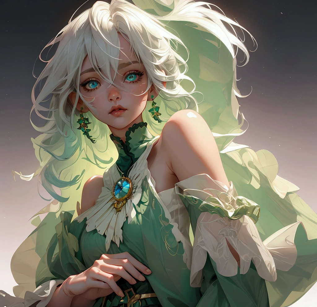 envision a 8k, highres, cinematic, beautiful close up portrait of a short girl named Cecilia Immergreen with multicolored hair, green eyes, doll joints, joints, bare shoulders, detached sleeves, hair between eyes, white hair, dressagainst a dark background