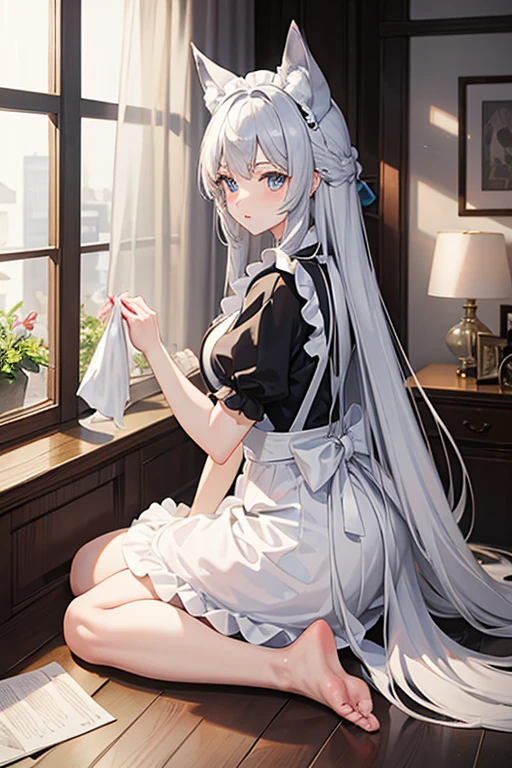 masterpiece, Highest quality, High resolution,Anime Style、Silver Hair、Wolf ears and thick tail、length、Maid clothes、