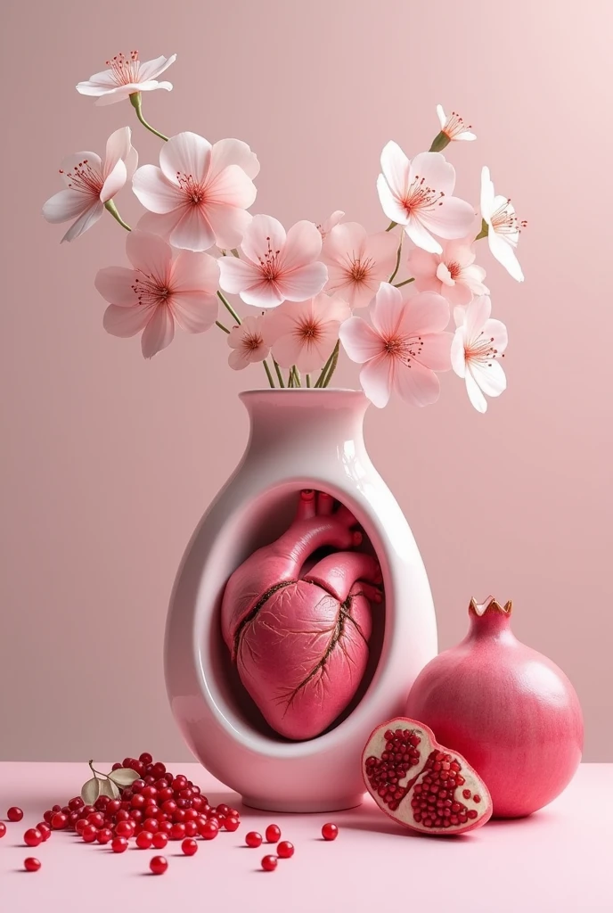 mixing a delicate and feminine aesthetic of a flower vase with an anatomically correct human heart and a pomegranate the image should have colors in a pink palette