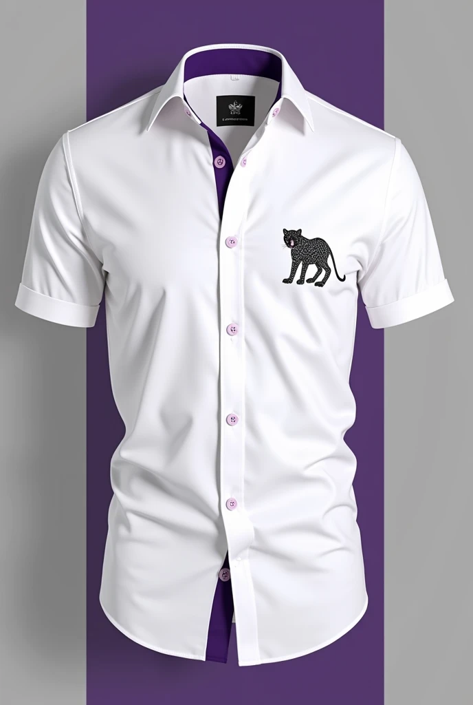 Create an image of a shirt. The shirt must be white and purple. on the right side of the chest, include a very small but still prominent panther print, com detalhes em preto. The shirt should be presented on a neutral background to highlight the colors