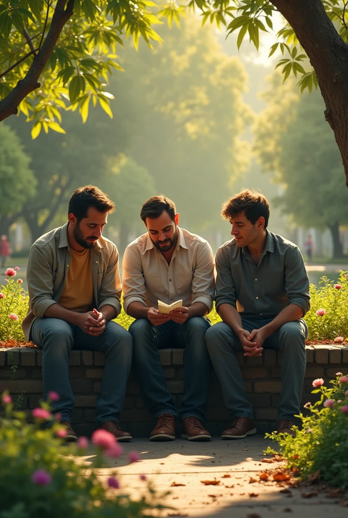 Trois hommes qui essaient d’arrêter l’héroïne, ils sont fatigués mal en point, quelqun leur tend un livre de médecine qui contient les remèdes pour les aider. Ces hommes sont assis sur un muret dans un beau parc dans une journée ensoleillée