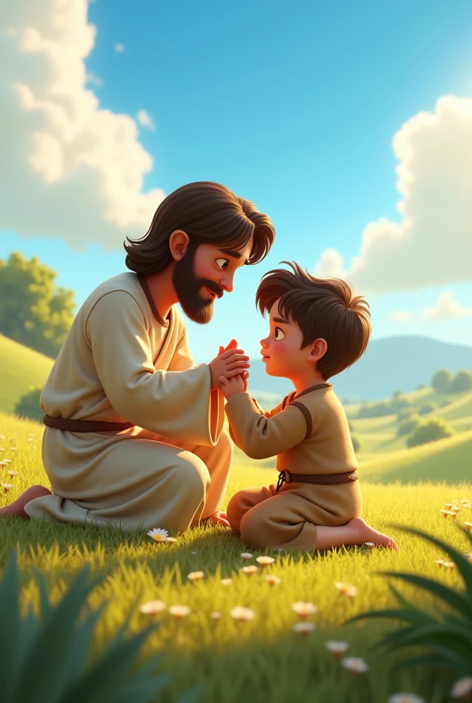 A 3D movie poster in Disney-Pixar style of Jesus as a boy helping another boy who broke his ankle and praying with that kid