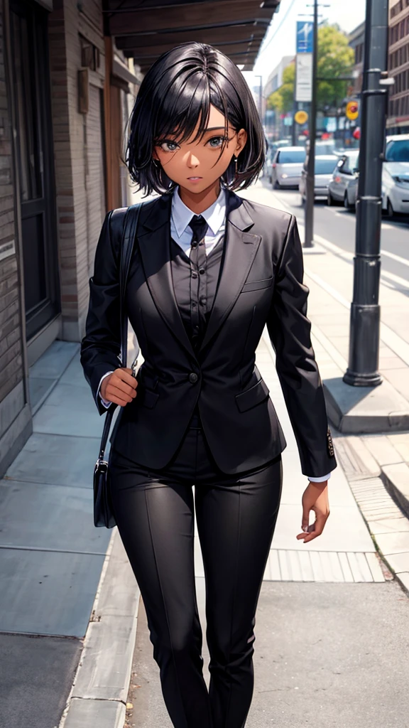 Black woman wearing a black suit and black pants talking to a man 
