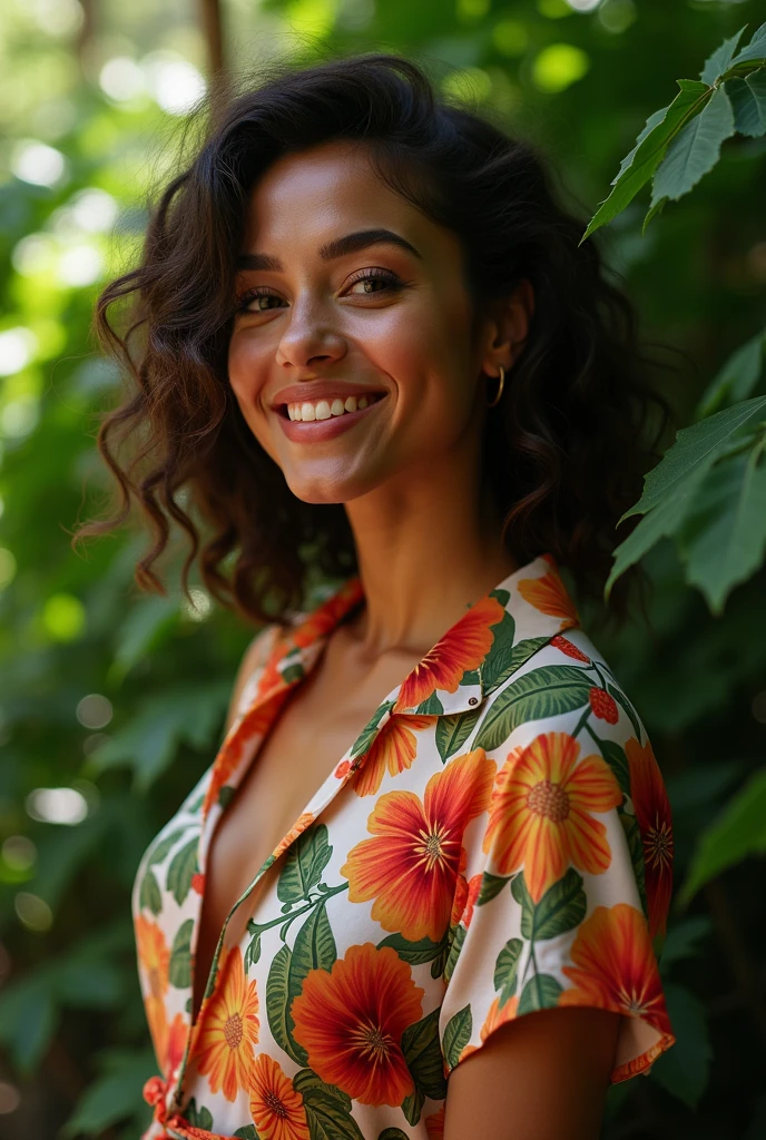 A Brazilian woman in a lush tropical garden, wearing an open shirt with a floral print, with a close-up capturing the harmonious beauty between her breasts and the natural flowers, showing off your natural charm and outgoing personality.