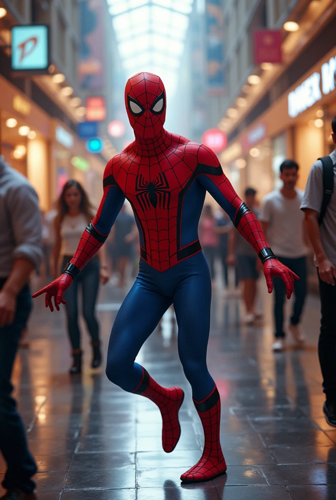 spiderman in a mall surpriced