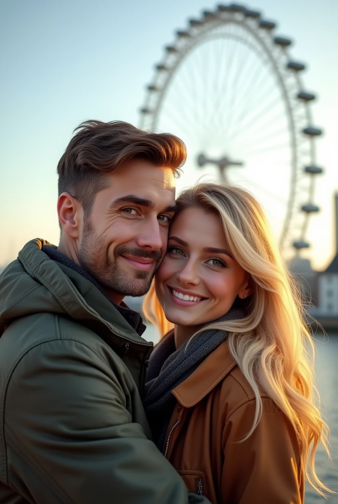 A couple hugging in front of the London Eye,  taking a profile selfie man brown hair and eyes,  blonde woman with green eyes 8k ultra realistic photorealistic 