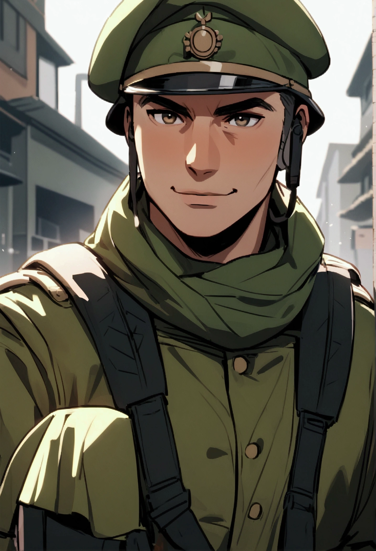 Major General black-haired middle-aged man with serious expression, standing, connected to the landline, the background is the large tent of the combat headquarters, there is a map