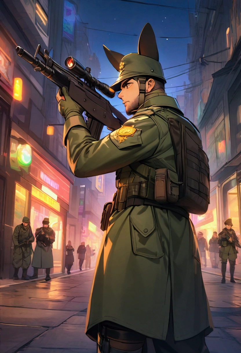 Make a gamer German shepherd dressed as a soldier