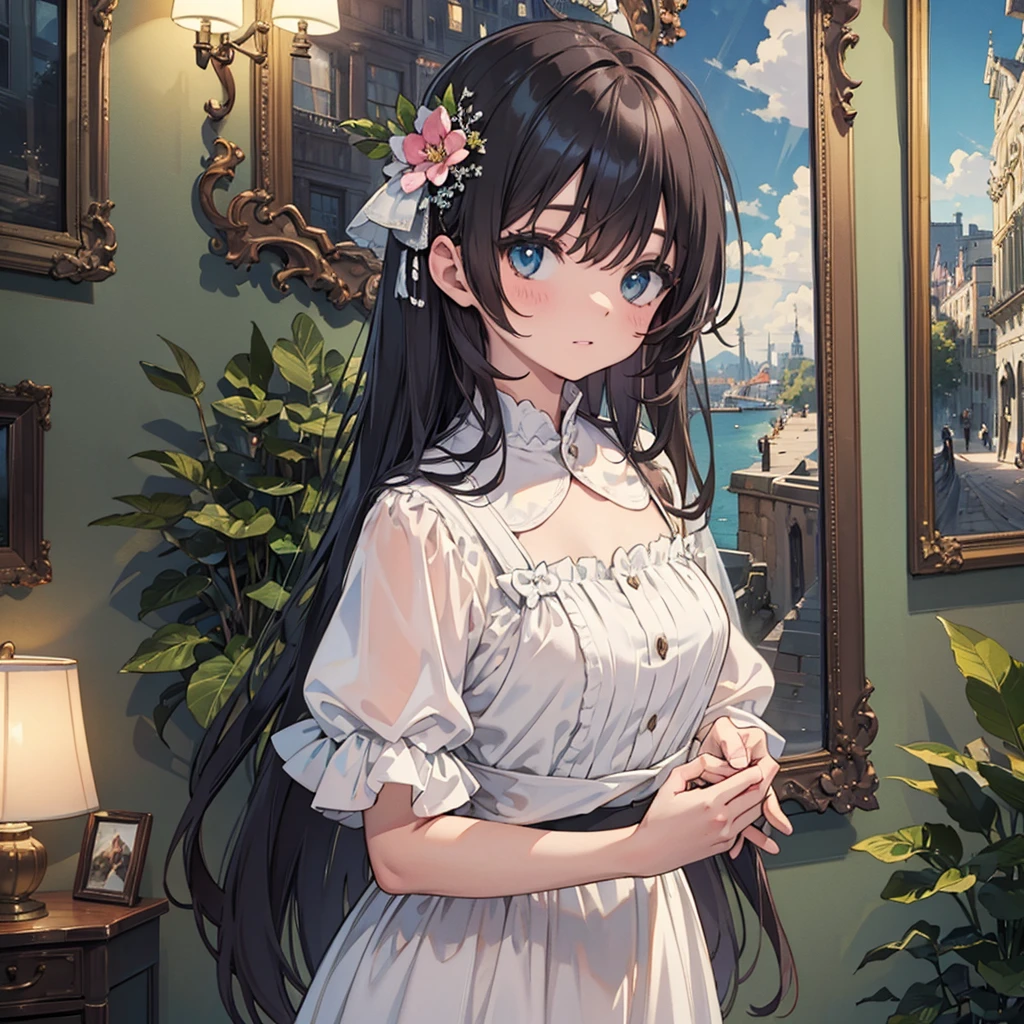 ((masterpiece)), (detailed), one person&#39;s,Black Hair，short hair，Sailor suit，blue sky，Cumulonimbus，Rear view，Gazing into the distance、Japanese countryside、A slope with a view of the sea、Anime Style、Sunflower field under the hill