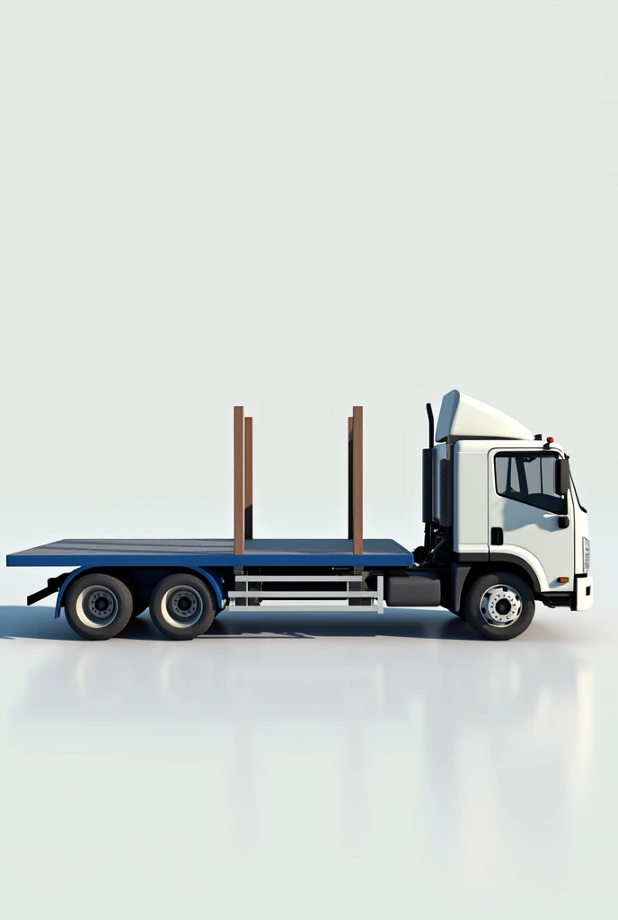 
image of a real white truck with a long blue platform with wooden uprights that are not long and with a little wood in load
