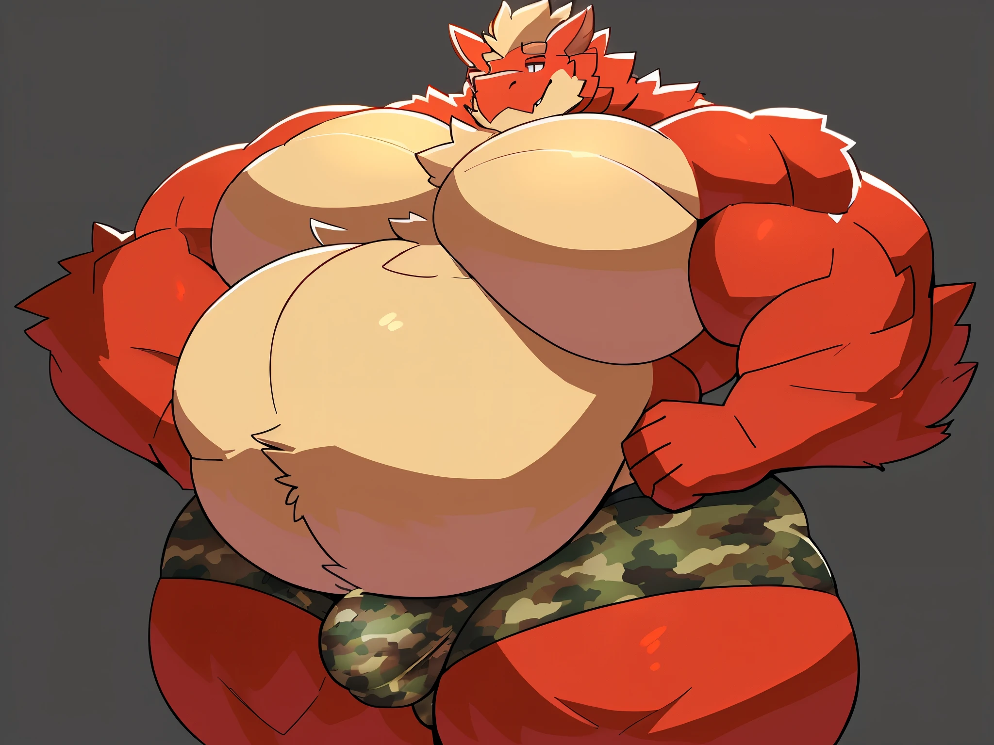 Profile picture of a ((Solo)), 1 boy, male, very largest, ((bara)), buff, extremely thickened overweight body, ((((5000 pounds)))):4, ((((((massive fluffy belly)))))):4, (((((massive thighs, massive curves, massive pecs, massive biceps))))):3, ((((red)))), fluffy, ((hunky)) (((dragon))) with, (((dragon snout))):1.3, ((small head)), ((tight shortened camo briefs)), (((bulge, detailed crotch bulge, bulging))), (lookin g at viewer), simple background