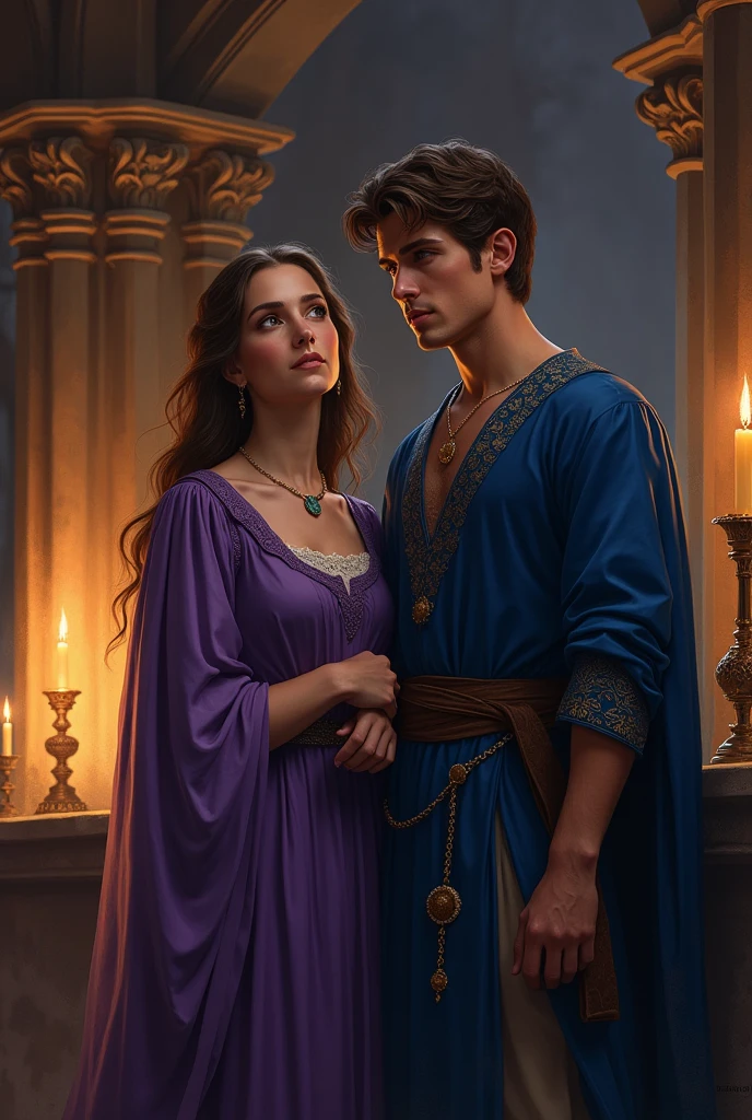 Epiphany Night by William Shekspear, a woman and a man brothers in medieval clothing, The man dressed in blue and the girl in a purple dress, The man WITHOUT a beard 
