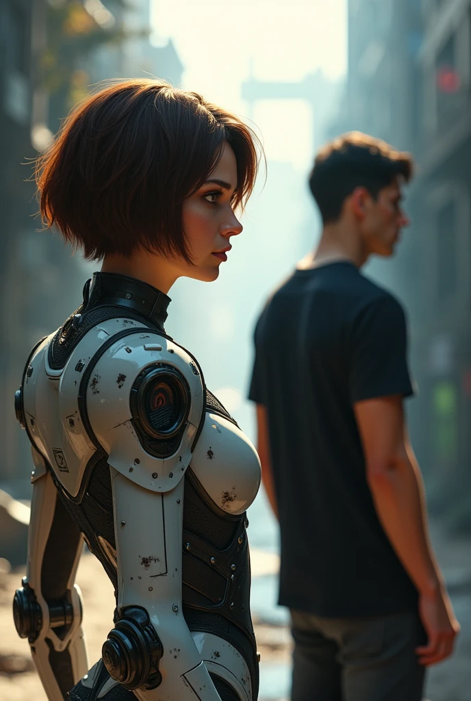 Une jeune fille de 20 ans aux cheveux marrons courts coupe carré avec un visage rond avec un peu de muscles, courte de taille dans une tenue de cyborg. Elle regarde son ex mari de derrière et de loin avec un regard de vengeance et énervée. Son ex mari à 20 ans est musclé avec cheveux noirs un visage diamond et un t-shirt noir demi manche et il regarde son audi Q5 