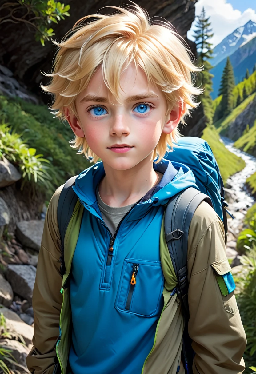  boy with blond hair blue eyes in hiking clothes 