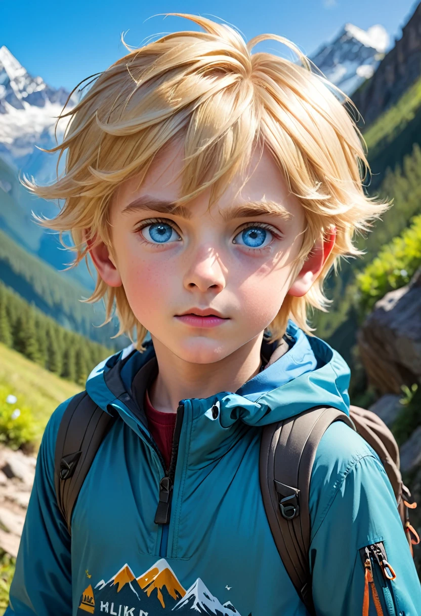 boy with blond hair blue eyes in hiking clothes