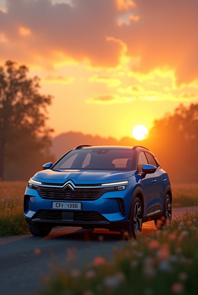 (photorealism:1.2), a beautiful blue Citroen C3 2022 at sunset