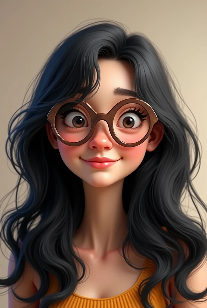 (photorealism:1.2), Create a dopey version of a woman with long black curly hair and glasses