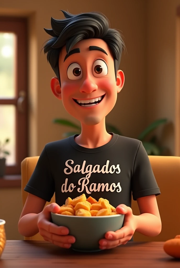 Create a 3d -Pixar style cartoon scene, Where a man, short black hair 2, He is holding a bowl full of snacks and wearing a black SalgadosdoRamos shirt. ,showing the shirt