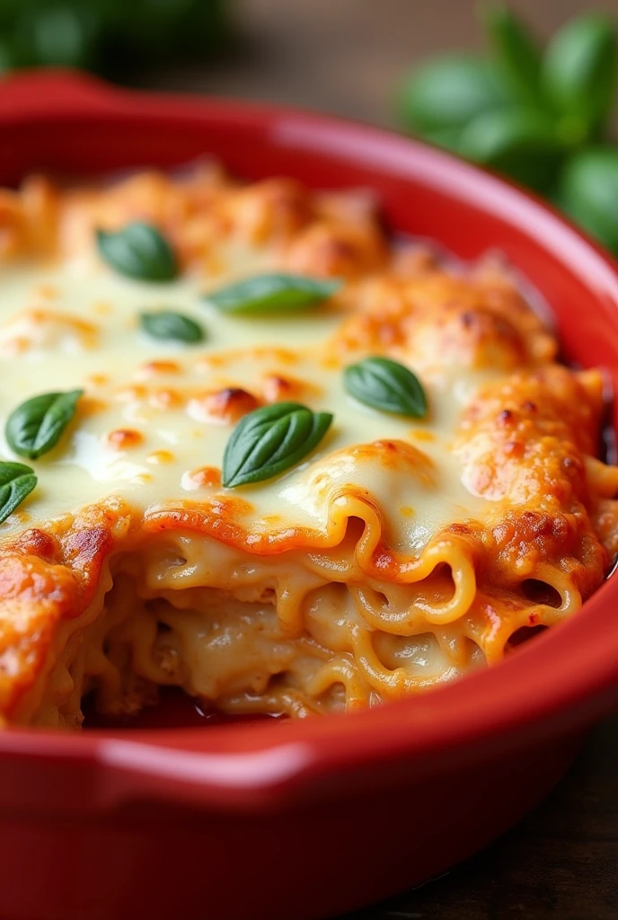 chicken lasagna with mozzarella cheese gratin in a red porcelain baking dish without basil and without zoom

