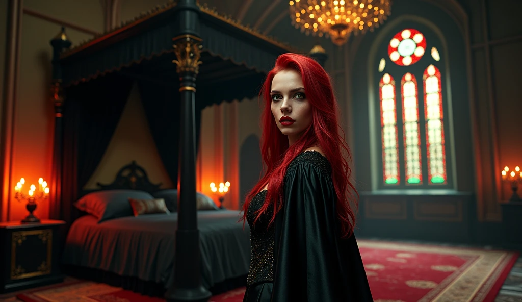 An extra wide angle on a big full room 16:9,(masterpiece Quality),insanely detailed interior design of a vampire lair in dark gothic medieval style),(royal canopy bed, four-poster bed, black-matte velvet drapes 16k,(An ultra hot),(1 female age 18),(random poses),realistic,ultra-thick,long bright,vibrant colours,bloodred :0.9,golden shimmer :0.1 hair),(Large,high contrast,green:0.9, bright yellow:0.1),extra big eyes,extra long,thick,dark eyelashes),(blood red,plump lips),(beautiful eyes),(detailed hands,realistic long monsters claws on 5 fingers each hand:2.0)best quality body,wide hips,Big breasts,big ass,(glowing skin:1.2),(2 perfect legs:1.1),(attractive expression,alluring:1.3),(Look at me),a serious, direct gaze at the camera,(best quality,16k,highres,(1 piece of stained glass window to the right,vibrant red:1.1,green:0.9 colored,detailed intricate patterns,architectural element,dark and mysterious atmosphere, night scene),flickering candlelight,medieval-style candelabrum,(rich, deep black, base color,stunning play of light and shadow:2.0),(all in wide room spectrum:2.0).#The entire setup is masterpiece 1:3 framed with the grandeur of royal,medieval gothic style, focus on entire room 16k#