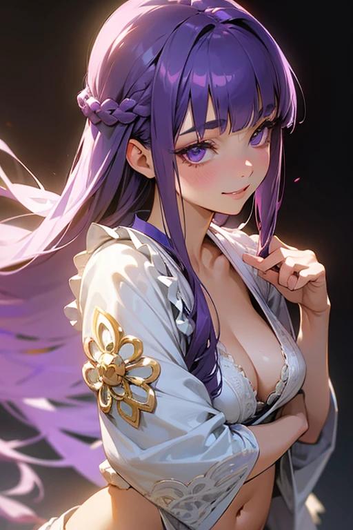 1 person, Blunt bangs, Braiding, Wide sleeves, hair ornaments,Obi says, (Purple Hair:1.2), Very long hair, Straight hair, Looking at the audience, Highly detailed background, (Realistic:1.2), Beautiful Eyes, Red eyeshadow, thigh, (Urzan-6500:0.7), Upper Body, (alone:1.2),Cleavage,,Glowing Skin、(Navel exposed).((Face close-up))、((smile))、(White lace outfit).((Surprised face))、((Daytime)).